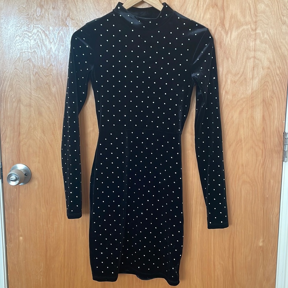 H&M HM Velvet Bodycon Mini Dress Silver Glitter Studs all over